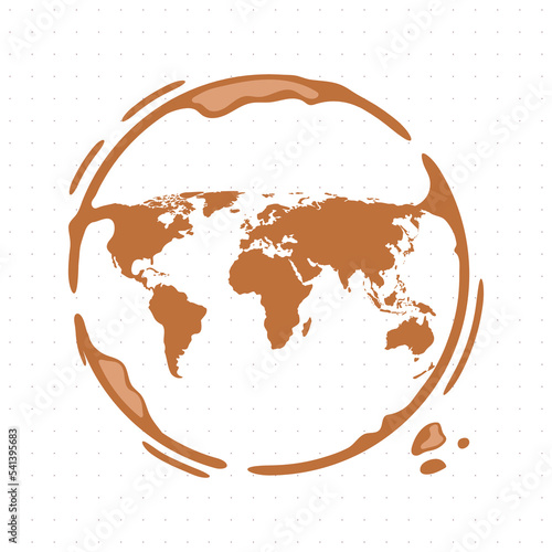 Coffee mug round stain with world map inside. Dripped coffee in shape of continents