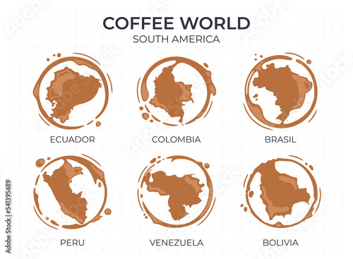 Collection of coffee cup round stains shaped like a coffee origin countries, producers and exporters from South America