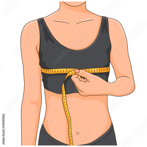 Woman with small breasts cares about its size and measuring her chest with measuring tape