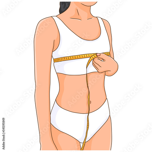 Woman with small breasts cares about its size and measuring her chest with measuring tape