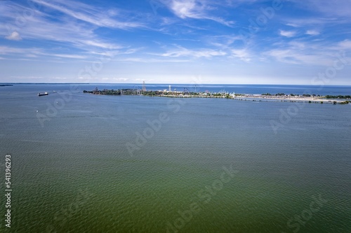 Aerial drone view of the Cedar Point amusement park under a blue cloudy sky photo