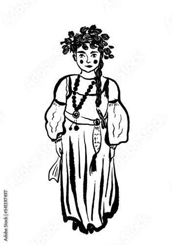 drawing picture of a girl in traditional Slavic peasant clothes and a in a wreath of birch leaves with a sundress with a woven belt, sketch, hand drawn graphic isolated digital vector illustration