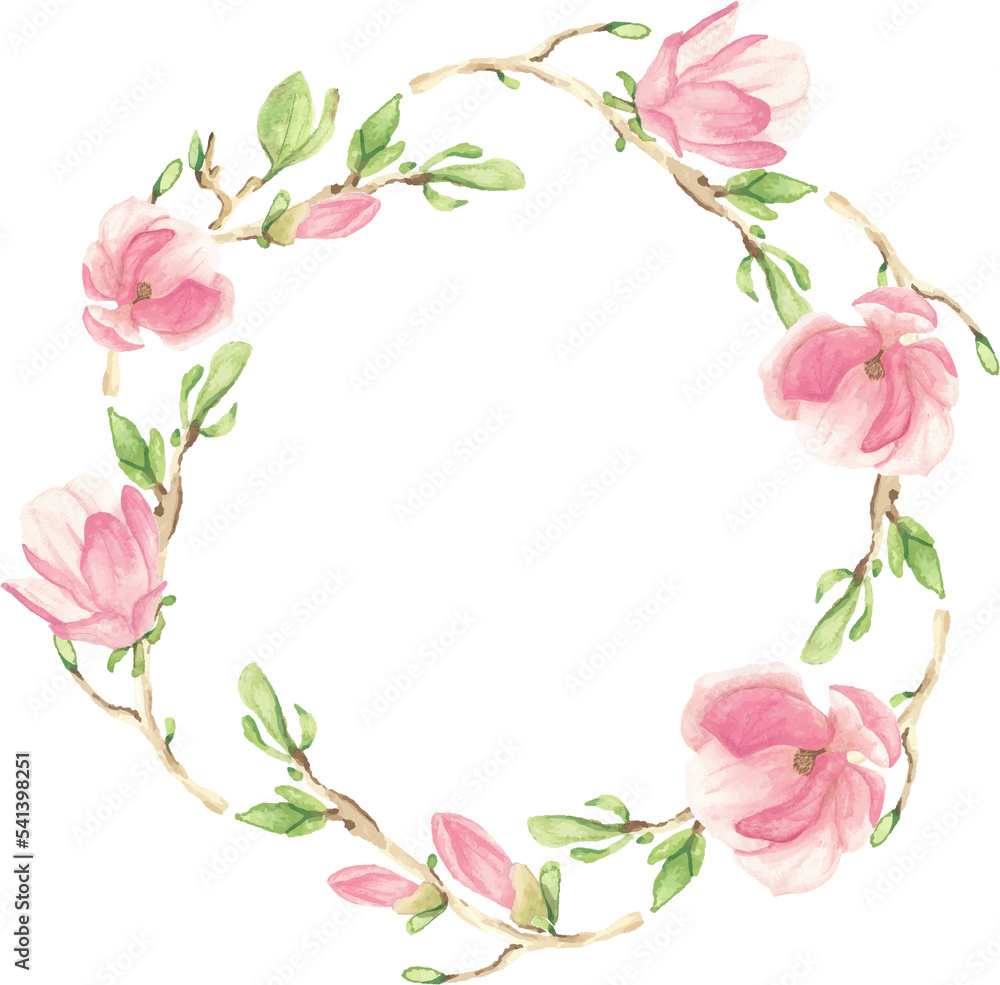 watercolor pink blooming magnolia flower and branch wreath frame watercolor pink blooming magnolia flower and branch wreath frame