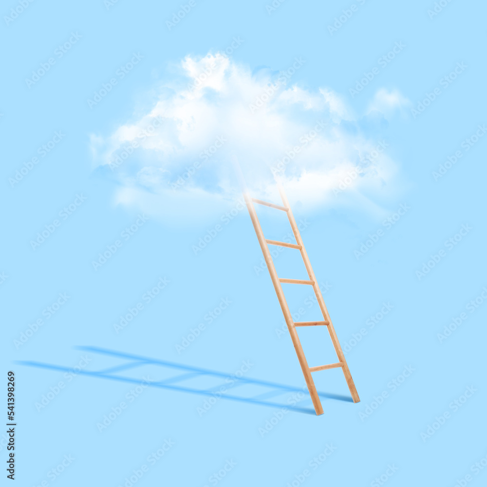 Wooden ladder leading to white cloud on light blue background. Concept of growth and development