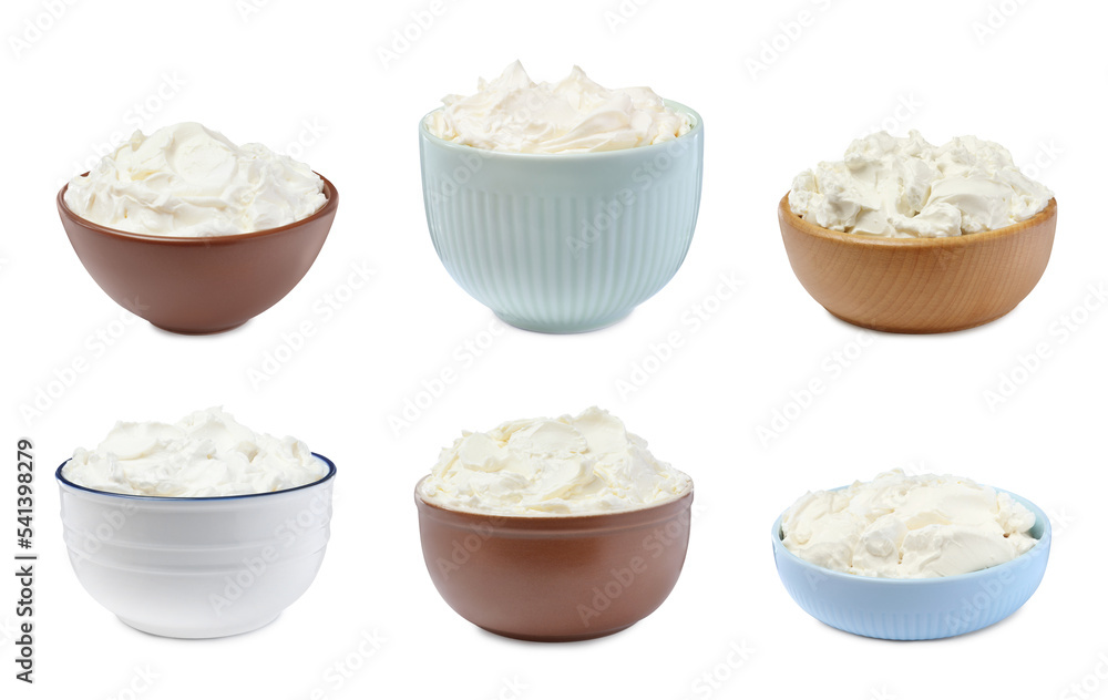 Set with tasty cream cheese on white background Set with tasty cream cheese on white background
