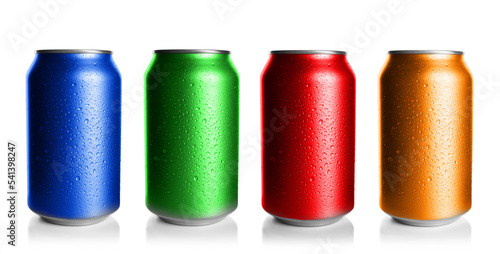 Set with different colorful aluminium cans of beverage on white background. Banner design