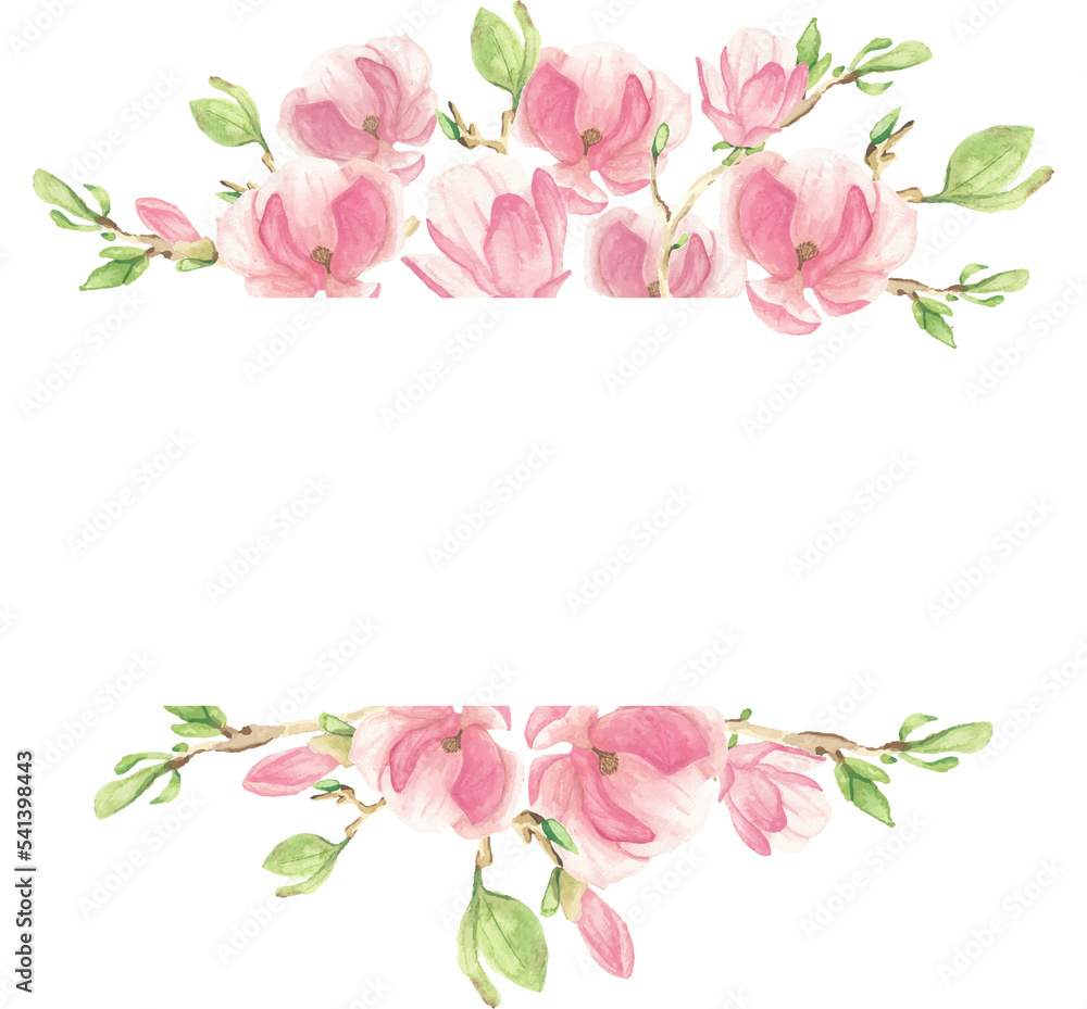 pink pastel watercolor Magnolia branch flower bouquet arrangement banner