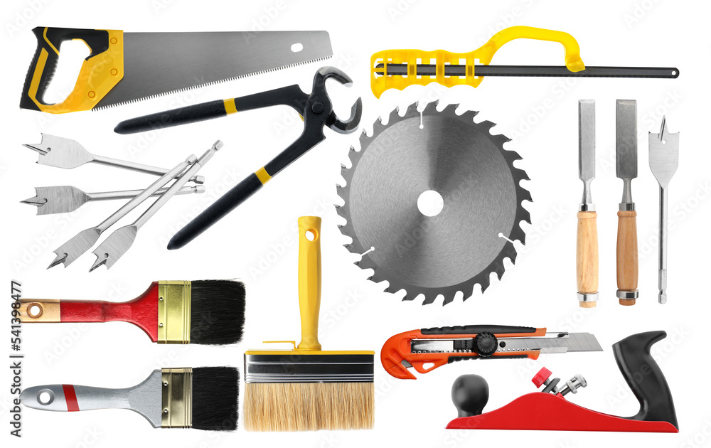 Set with different tools on white background Set with different tools on white background