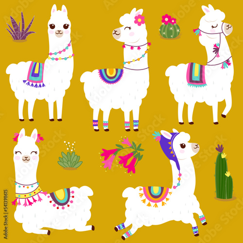 Cute llama or alpaca animals with cactus and colorful traditional accessories.  Vector illustration