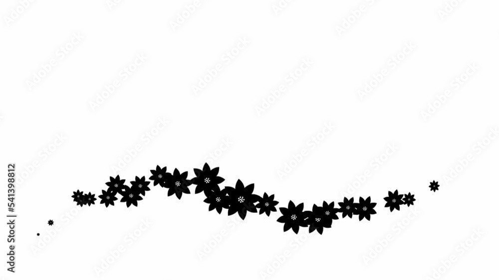 Animated black beautiful flowers fly from left to right. Looped video. A wave of flying flowers on white background. Animated black beautiful flowers fly from left to right. Looped video. A wave of flying flowers on white background.
