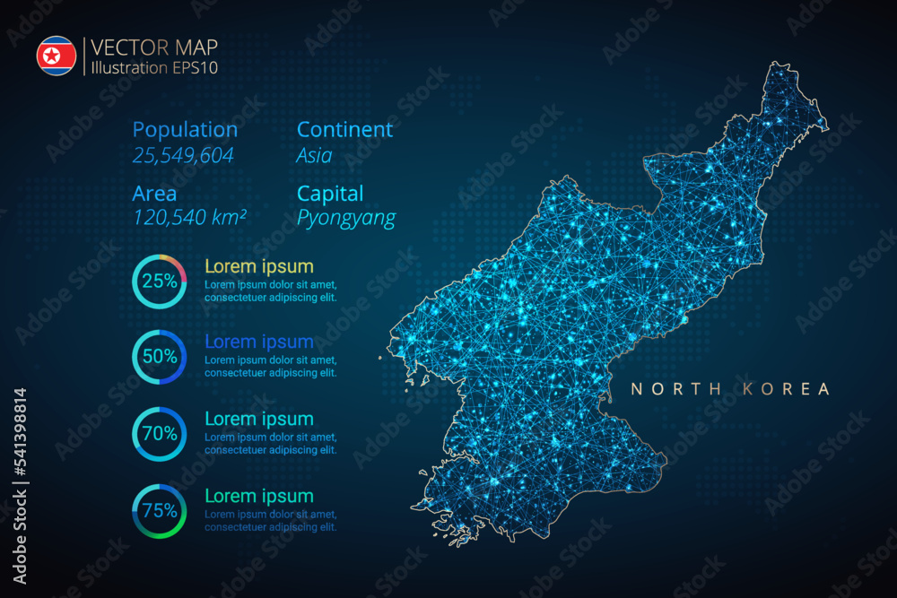 North Korea map infographics vector template with abstract geometric mesh polygonal light concept on blue background. Template for diagram, graph, presentation and chart