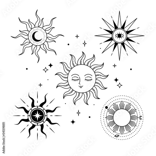 Sun logo in esoteric style collection. Flat occult design