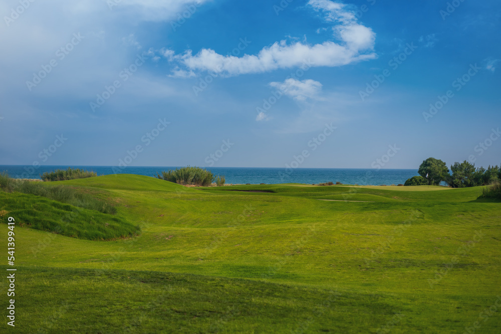 Beautiful summer landscape, green field blue sea and sky with clouds. Beautiful summer landscape, green field blue sea and sky with clouds.
