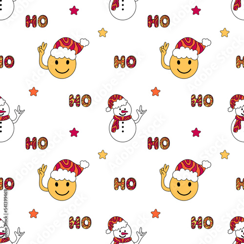 Groovy Christmas pattern with snowman, smile, ho ho ho lettering and stars