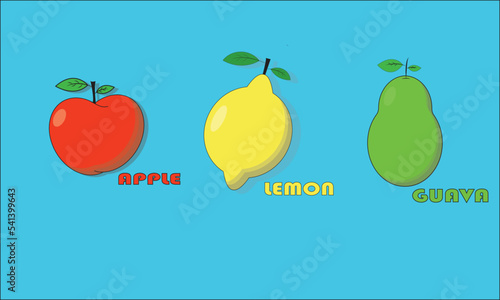 three fresh fruits : apple, lemon, guava