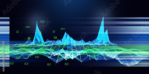 Abstract  background contain color blurred lines and data on dark.  Technology 3d wavy polygonaly concept in virtual space. Big data. photo