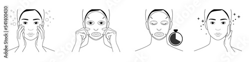 Instructions for the use of tissue masks for the face. Vector illustration isolated on white background