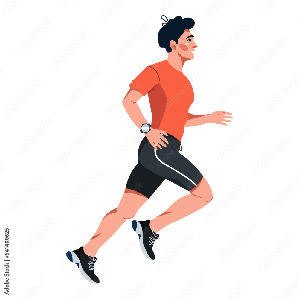 Vector illustration in a flat style with a young man running a marathon. Preparation for sports competitions. Sports, training, running.