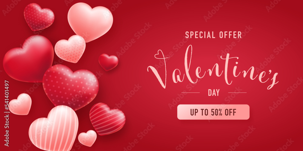Valentine's day sale banner. Discount promotion for shopping. Background with heart elements and gift boxes.