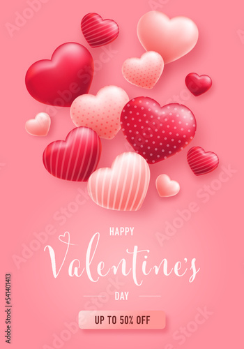 Valentine's day sale banner. Discount promotion for shopping. Background with heart elements and gift boxes.