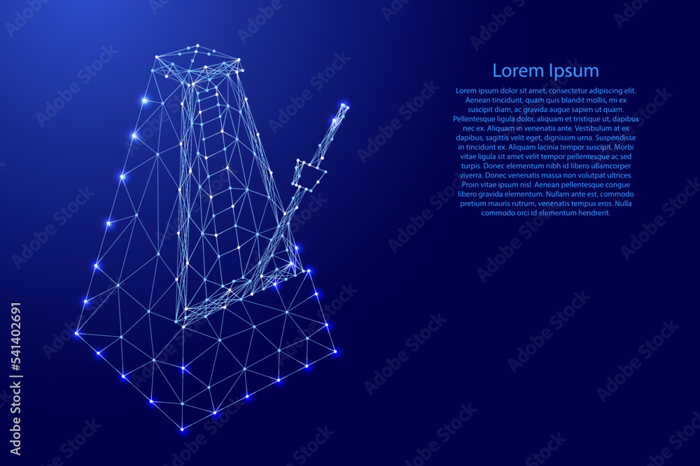 Mechanical metronome, from futuristic polygonal blue lines and glowing stars for banner, poster, greeting card. Low poly concept. Vector illustration.
