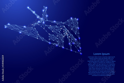 Aircraft, tactical attack fighter stealth from futuristic polygonal blue lines and glowing stars for banner, poster, greeting card. Low poly concept. Vector illustration.