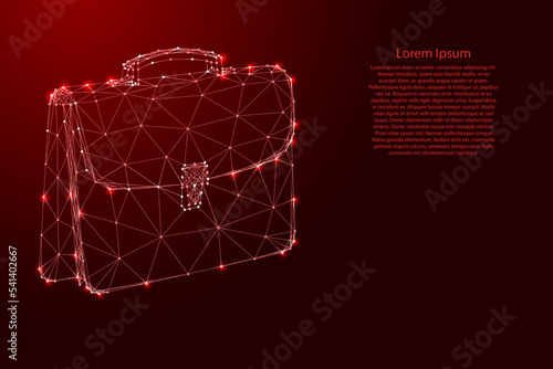 Briefcase, business concept, from futuristic polygonal red lines and glowing stars for banner, poster, greeting card. Low poly. Vector illustration.