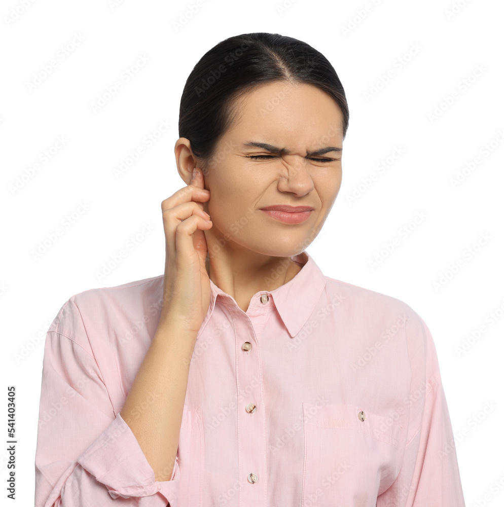Young woman suffering from ear pain on white background Young woman suffering from ear pain on white background