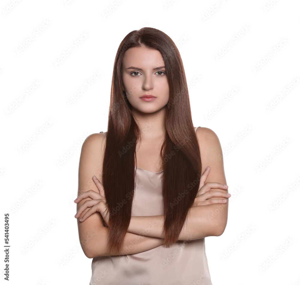 Portrait of beautiful young woman with healthy strong hair on white background Portrait of beautiful young woman with healthy strong hair on white background