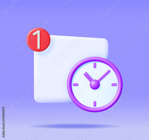 3D Round Wall Clock with Notification Icon Isolated. Render Alarm Clock Icon. Measurement of Time, Deadline, Time-Keeping and Time Management Concept. Watch Symbol. Minimal Vector Illustration