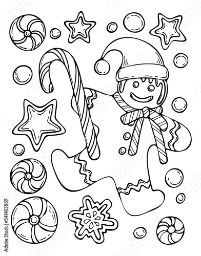Coloring book Christmas gingerbread man in santa hat. Festive cookies, lollipop cane, candy. Hand drawn line art black white illustration. Coloring page for kids and adults.