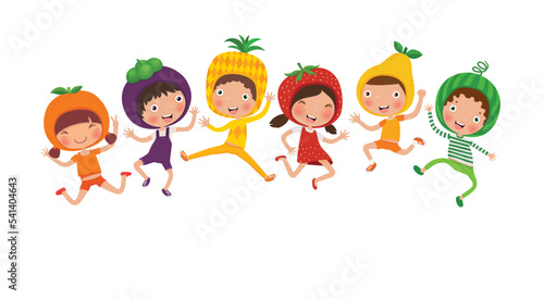 illustration of kids and fruits, healthy food for children cartoon vector, nutrition for kids