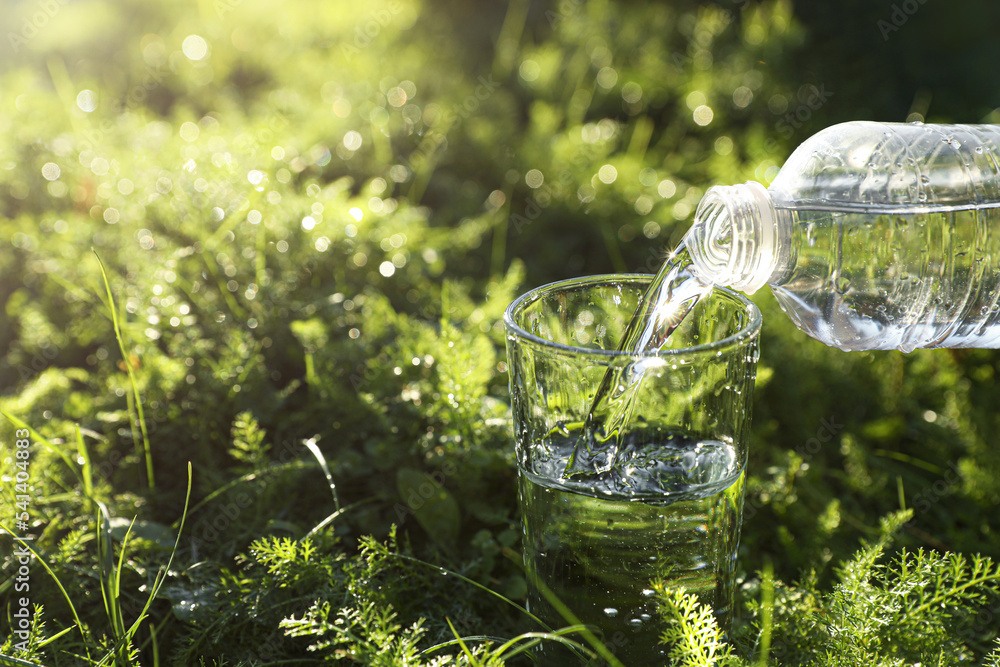 Pouring fresh water from bottle into glass on green grass outdoors. Space for text Pouring fresh water from bottle into glass on green grass outdoors. Space for text
