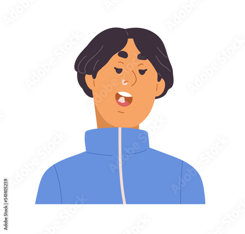 Asian man chewing bubble gum with open mouth. Modern guy eating bubblegum whi...