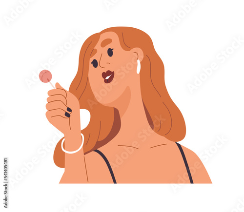 Young woman holding sweet lollypop. Happy carefree girl with lollipop on stick in hands. Modern female character eating candy, lolly pop. Flat vector illustration isolated on white background