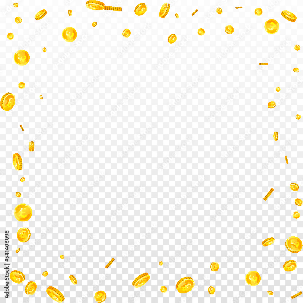 British pound coins falling. Scattered gold GBP British pound coins falling. Scattered gold GBP