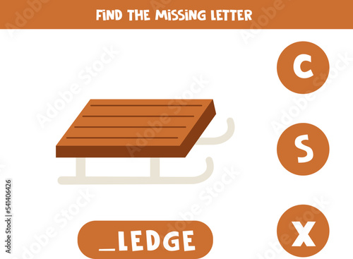 Find missing letter with winter sledge. Spelling worksheet.