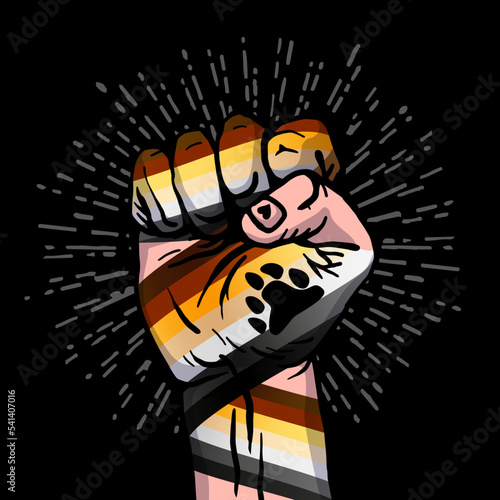 A man's hand clenched into a fist. The flag of the bear brotherhood. A colorful logo of one of the LGBT flags. Gay bear. Sexual identification.