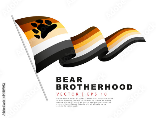 The flag of the bear brotherhood hangs on the flagpole and flutters in the wind. A colorful logo of one of the LGBT flags. Gay bear. Sexual identification.