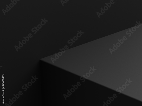 Empty minimal black platform podium or pedestal for product presentation. Empty stand showcase. Blank template for advertise. Abstract black background. 3d rendering.