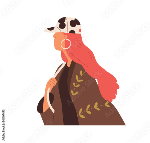Young girl profile. Modern woman wearing cap, ring earrings, colored dyed hair, outdoor portrait in motion. Trendy female character going. Flat vector illustration isolated on white background