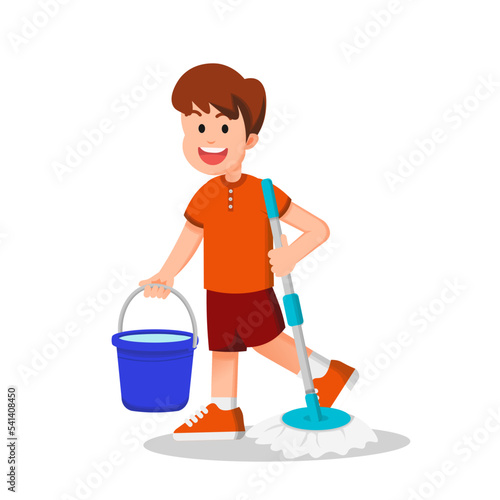 a boy holding bucket filled with water and a mop