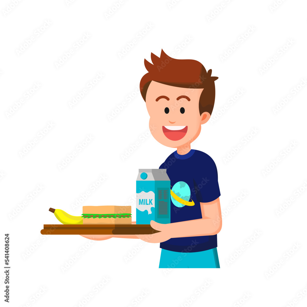 a little boy carrying bananas, sandwiches and milk on a tray a little boy carrying bananas, sandwiches and milk on a tray