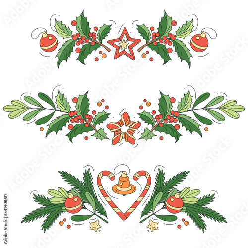 Decorative border from a Christmas tree branches, ribbons and balls isolated on a light background. Frame template with the symbols of the holiday.
