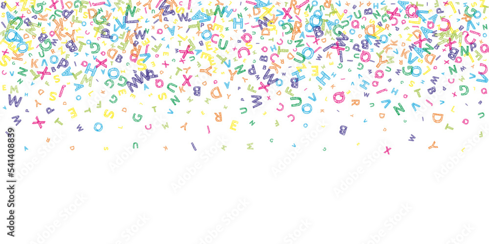 Falling letters of English language. Colorful messy sketch flying words of Latin alphabet. Foreign languages study concept. Classic back to school banner on white background. Falling letters of English language. Colorful messy sketch flying words of Latin alphabet. Foreign languages study concept. Classic back to school banner on white background.