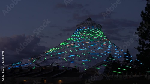 The US Pavilion in Spokane, Washington displays its Seahawks themed light show. photo