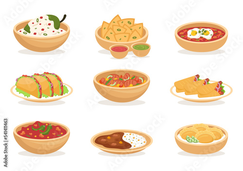 Mexican Food Restaurant with Various of Delicious Traditional Cuisine Tacos, Nachos and Other on Flat Cartoon Hand Drawn Templates Illustration