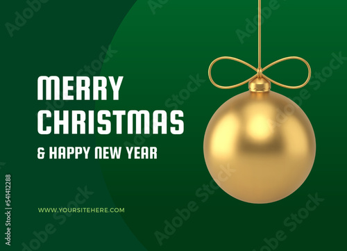 Green Merry Christmas greeting card hanged golden ball toy premium design realistic 3d icon vector