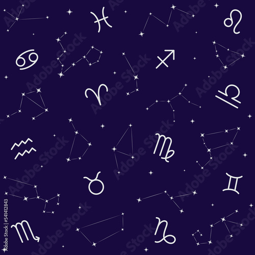 Seamless pattern with zodiac signs and constellations. Starry night sky, galaxy background. Vector illustration.