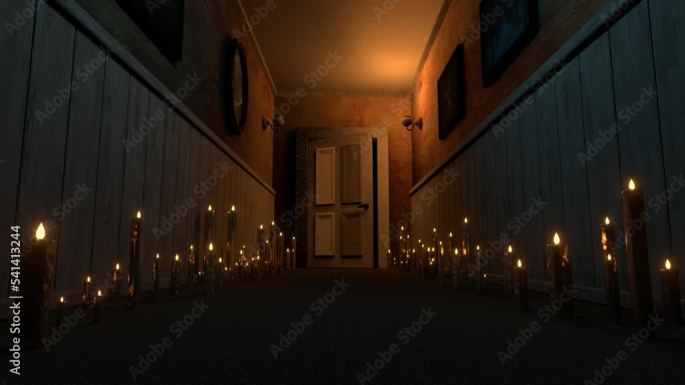 A door opens slowly in the dark creepy corridor and there is a ghost 3d 4K animation. Spooky interior of the old house with lots of burning candles A door opens slowly in the dark creepy corridor and there is a ghost 3d 4K animation. Spooky interior of the old house with lots of burning candles